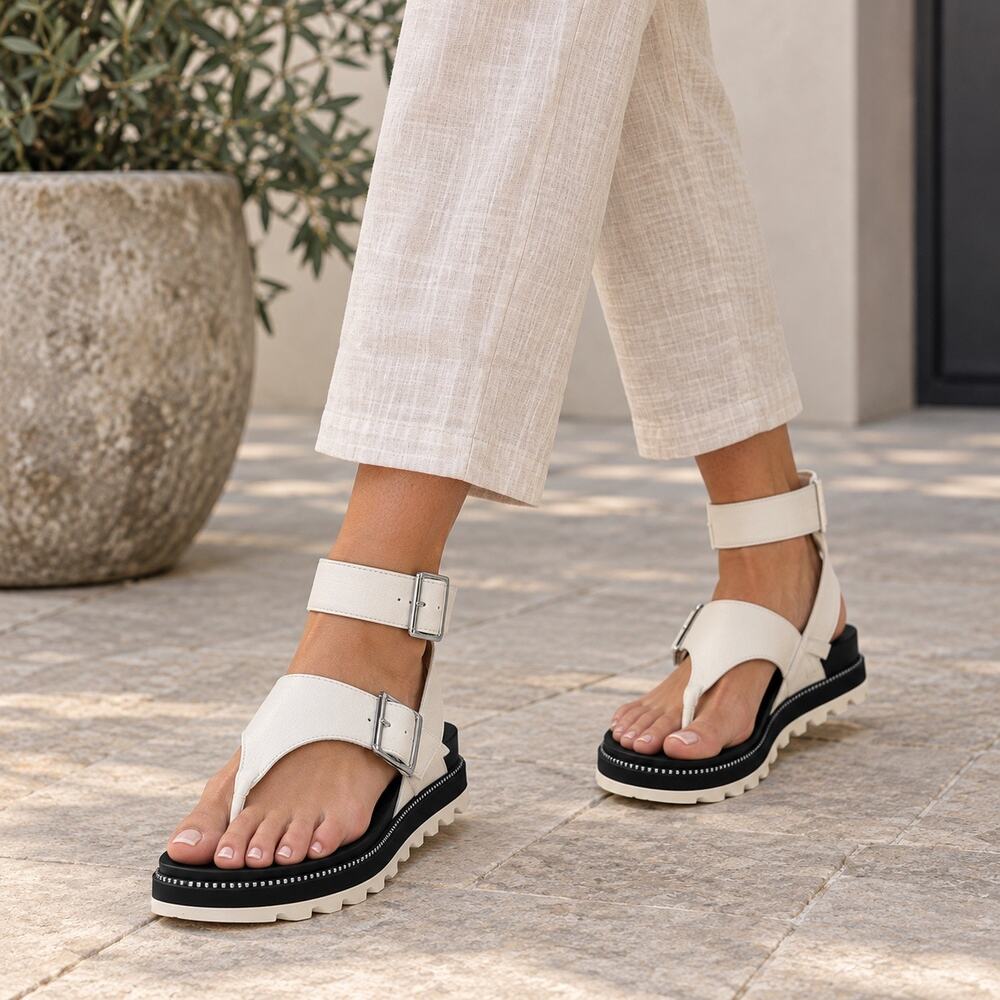 Sorel Roaming T-Strap Sandals Sea Salt Leather Lug Sole Size 6